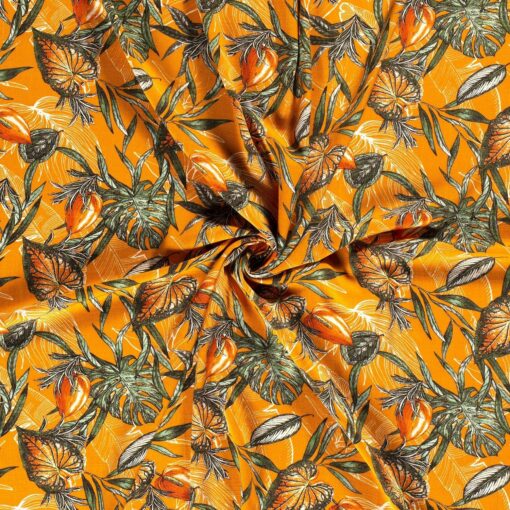 Jersey stof bedrukt bloemen oranje