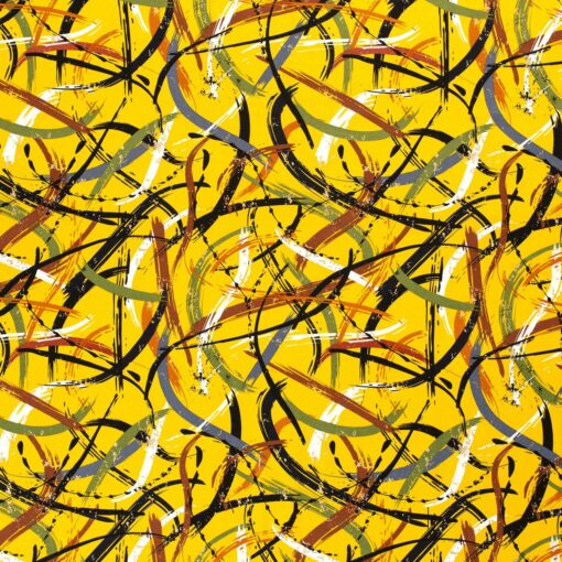 Half linnen stof bedrukt abstrakt geel - Van Mook Stoffen