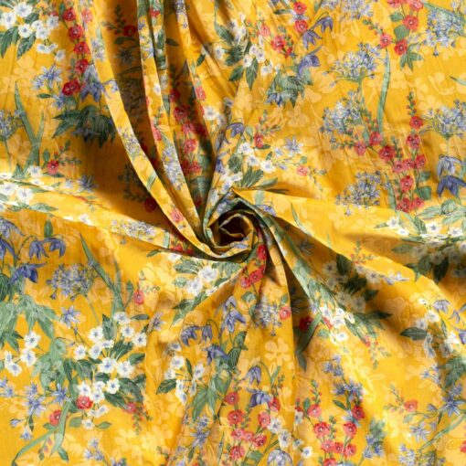 Voile stof bedrukt bloemen geel - Van Mook Stoffen