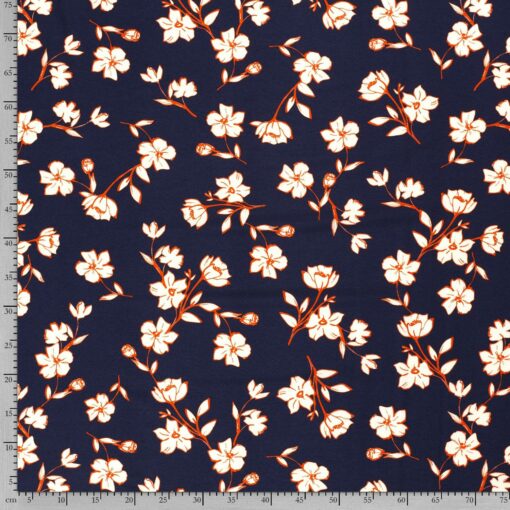 Polyestermix stof bedrukt bloemen navy - Van Mook Stoffen
