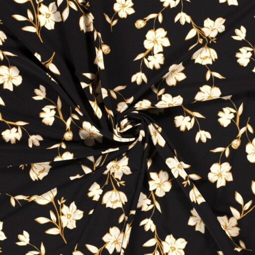 Polyestermix stof bedrukt bloemen zwart - Van Mook Stoffen