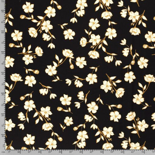 Polyestermix stof bedrukt bloemen zwart - Van Mook Stoffen